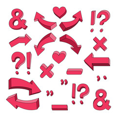 Zestaw elementów do designu: serce, znak zapytania, wykrzyknik, strzałka, ampersand, przecinek, kropka, krzyżyk, cudzysłów, myślnik. Różowe przestrzenne kształty.