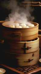 steamed dumpling dim sum in a stacked bamboo steamer, chinese food - obrazy, fototapety, plakaty