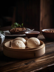 steamed dumpling dim sum in bamboo basket on wooden background