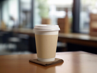 Coffee cup on wooden table in a coffee shop, mock-up photo AI - Powered by Adobe
