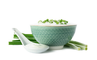 Bowl of tasty sour cream with green onion on white background