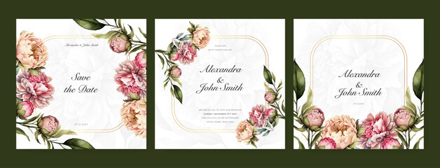 Fototapeta na wymiar pink rose floral flower vector watercolor colorfull wedding invitation card template set with golden floral decoration
