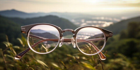 Fototapeta na wymiar Brille Sehhilfe für scharfes sehen, Landschaft Aussicht scharf und unscharf Sicht, ai generativ