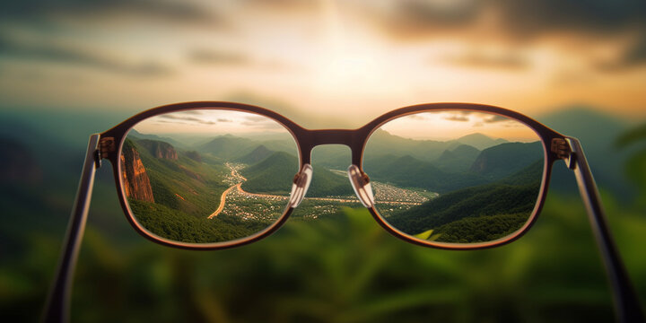 Brille Sehhilfe für scharfes sehen, Landschaft Aussicht scharf und unscharf Sicht, ai generativ