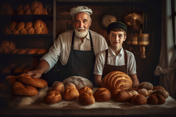 A man and a boy standing in front of a table full of bread. AI generative. Generative AI