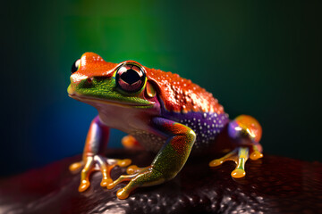 Fototapeta premium Beautiful rainbow colored crystal tree frog, small multicolor decorative figurine, AI generative illustration Generative AI