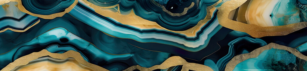 Panorama close up of a painting of cyan, blue and gold. AI generative panoramic banner Generative AI