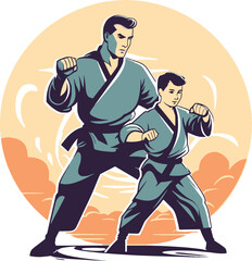 Fototapeta na wymiar Father and child practicing martial arts together, Vector, T-Shirt