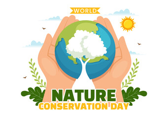 World Nature Conservation Day Vector Illustration with World Map, Tree and Eco Friendly Ecology in Flat Cartoon Hand Drawn Landing Page Templates