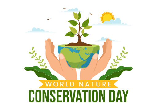 World Nature Conservation Day Vector Illustration with World Map, Tree and Eco Friendly Ecology in Flat Cartoon Hand Drawn Landing Page Templates