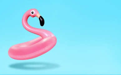 Trendy Summer composition made of pink flamingo inflatable on bright light blue background.Minimal summer concept.Creative art,Contemporary style.Banner background with writing space and copy space. © Vidic Bojan