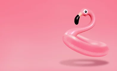 Fototapeten Trendy Summer composition made of pink flamingo inflatable on bright light pink background.Minimal summer concept.Creative art,Contemporary style.Banner background with writing space and copy space. © Vidic Bojan