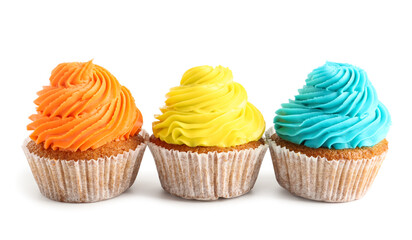 Tasty colorful cupcakes on white background