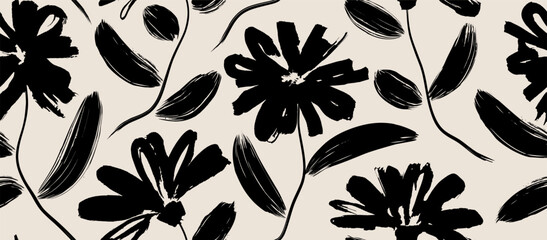 flowers hand drawn seamless pattern. ink brush texture.

