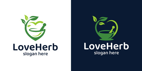 Fototapeta Herbal logo design with Mortar, Pestle, Leaf and heart love design graphic vector illustration. Symbol, icon, creative. obraz