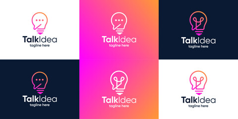 Collection of chat bubble logo design with light bulb graphic design vector illustration. Smart chat symbol, icon, creative.