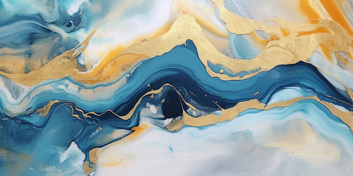 Schöner Marmor Hintergrund in Blau und Gold, Druckvorlage quer, ai generativ