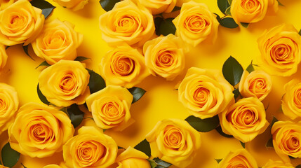 Bright Yellow Roses and Green Leaves on Yellow Flay Lay - Overhead Angle - Generative AI