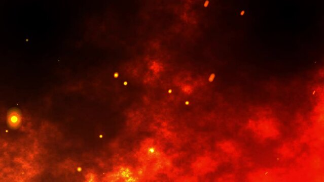 Burning red hot sparks rise from fire seamless loop ,Fire Particles over black background with red smoke