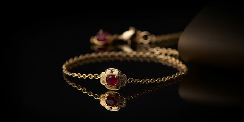 Produktfoto von Goldschmuck edle teure Handgelenk Kette mit rotem Rubin Stein, ai generativ