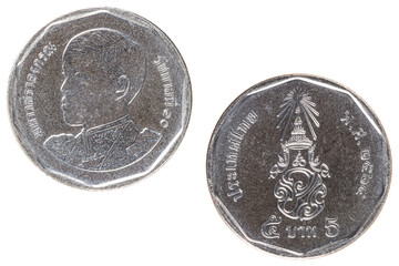 A obverse and reverse side of Thailand 5 Baht coin