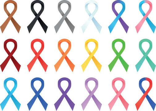Set of awareness ribbons in different colors. Solidarity day concept.