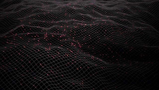 Big data, flowing smooth surface, fractal waves background. Grid, mesh of dots. Water like seamless loop animation