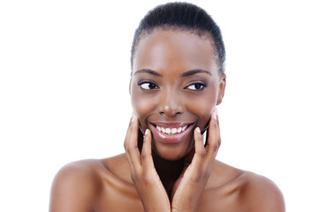 She cant stop touching her smooth, soft face. Studio shot of an attractive african american model...