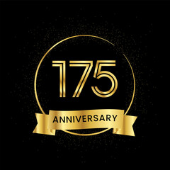 175 years anniversary inside a golden circle and glitter spread on a black background. Golden number anniversary