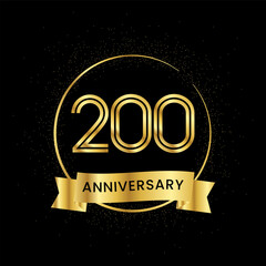 200 years anniversary inside a golden circle and glitter spread on a black background. Golden number anniversary