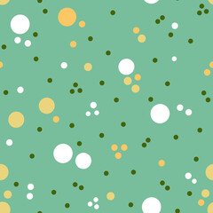 Dots seamless pattern. White green and yellow circles on green background. Abstract floral meadow. Spring allover print