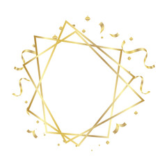 Gold Frame geometrical polyhedron with ribbons ornament, art deco style for wedding invitation, luxury templates, decorative patterns, Modern abstract elements, isolated on backgrounds.