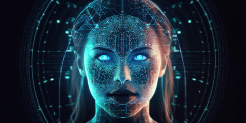 Artificial superintelligence of quantum computer technology in a female image with blue eyes. AI generation 