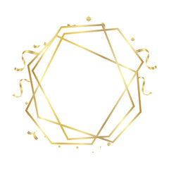 Gold Frame geometrical polyhedron with ribbons ornament, art deco style for wedding invitation, luxury templates, decorative patterns, Modern abstract elements, isolated on backgrounds.