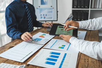 Businessman working with project idea presentation, restart, analyzing data planning on tablet,...