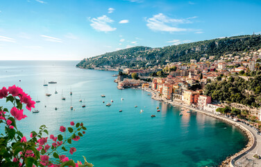 Villefranche sur Mer between Nice and Monaco on the French Riviera, Cote d Azur, France - obrazy, fototapety, plakaty