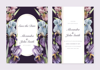 Purple iris floral flower vector elegant hand drawing wedding invitation floral design watercolor