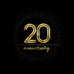 20 years golden number for anniversary with golden glitter and line on a black background