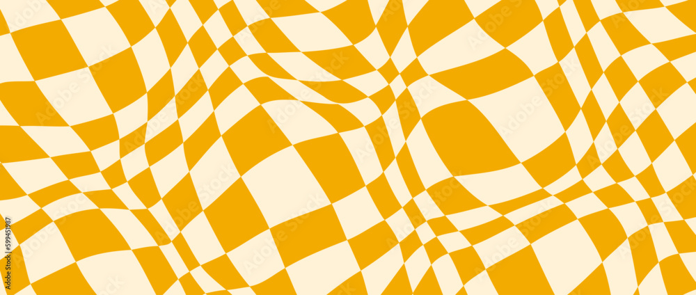 Poster Trippy checkerboard background. Yellow retro psychedelic checkered wallpaper. Wavy groovy chessboard surface. Distorted and twisted geometric pattern. Abstract vector backdrop