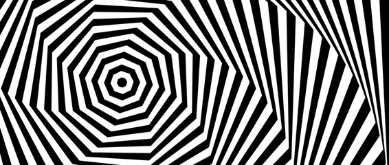 Optical illusion background. Black and white abstract geometric spiral surface. Poster design. Torsion illusion wallpaper. Vector illustration