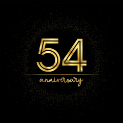 54 years golden number for anniversary with golden glitter and line on a black background