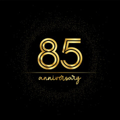 85 years golden number for anniversary with golden glitter and line on a black background