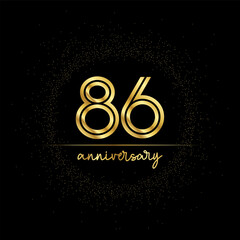 86 years golden number for anniversary with golden glitter and line on a black background