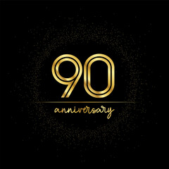 90 years golden number for anniversary with golden glitter and line on a black background