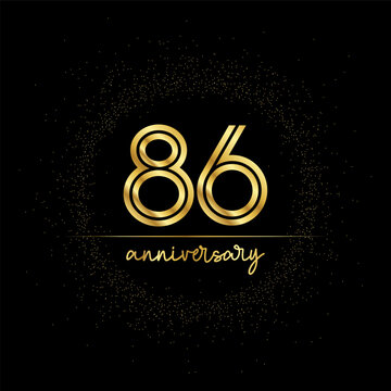 86 years golden number for anniversary with golden glitter and line on a black background