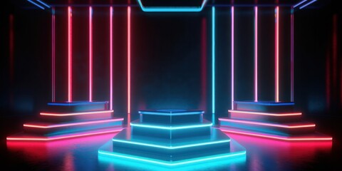 Fototapeta premium Empty red and blue neon light stadium background for E-sport game battle. Generative AI.