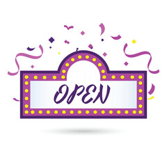 Open banner cinema banner style. glowing retro cinema neon sign. Old Cinema banner. Isolated on white background