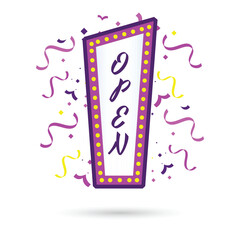 Open banner cinema banner style. glowing retro cinema neon sign. Old Cinema banner. Isolated on white background