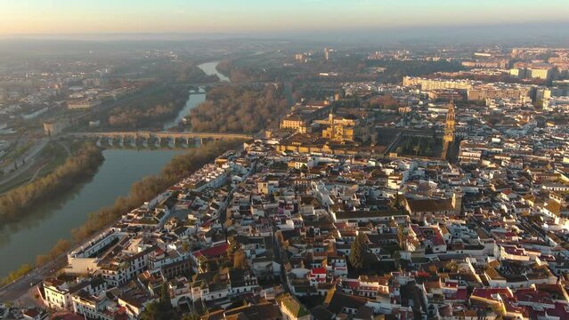 Aerial Drone Footage of the Historic Mosque Cathedral of Cordoba, Andalusia, Spain, a Unesco World Heritage Site