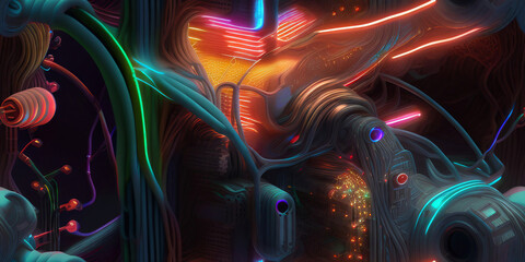 Obraz premium Tiles Tileable Abstract Alien Sci-Fi Machinery Wires Tech Background Wallpaper Generative AI illustration